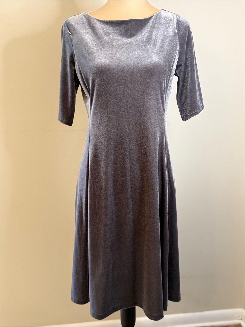 Land’s End velvet fit & flare grayish silver midi dress SZ SM 6-8